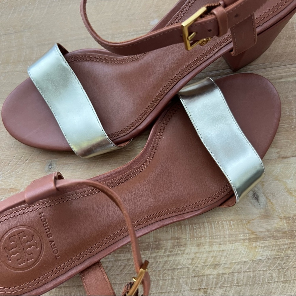 New Tory Burch Laurel Leather Block Heel Sandal Size 7 - Picture 7 of 9